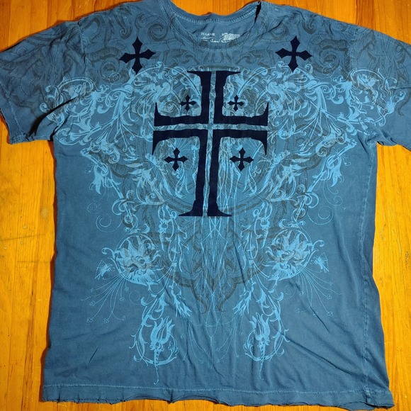 Affliction T Shirt Mens 2XL Blue Graphic Cross Short Sleeve Cotton Casual - Picture 1 of 9